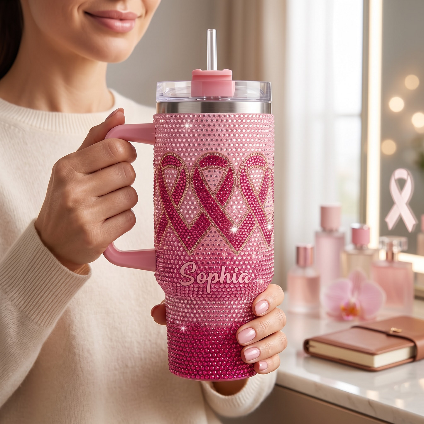 Custom Name Breast Cancer Survivor Gift – Personalized Pink Ribbon 40oz Tumbler With Handle