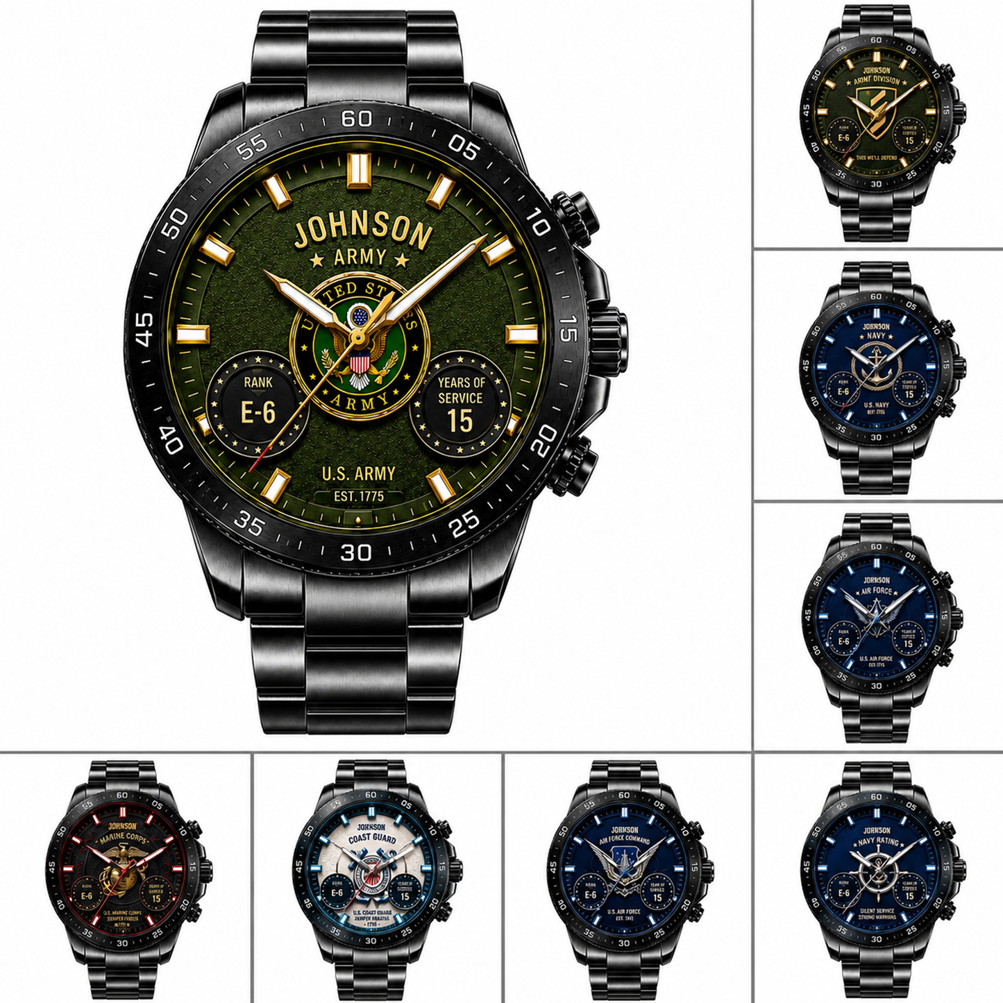Personalized Military Service Quartz Watch – Custom Name, Branch, Rank & Years Served Veteran Gift
