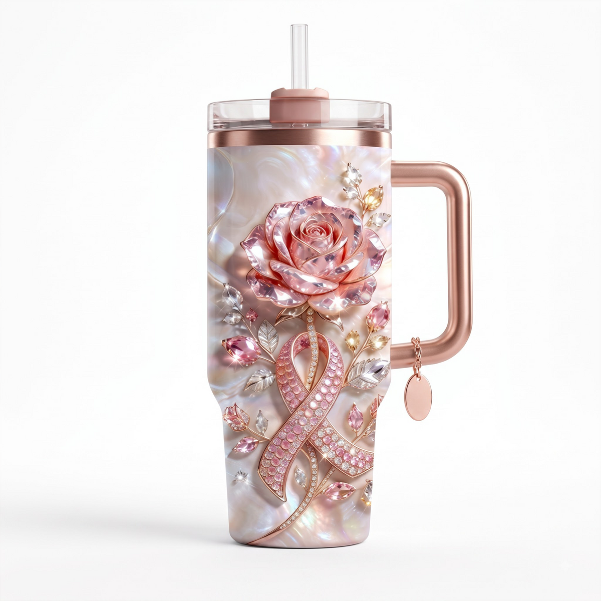Personalized Breast Cancer Survivor Pink Ribbon Rhinestone 40 Oz Tumbler with Custom Name