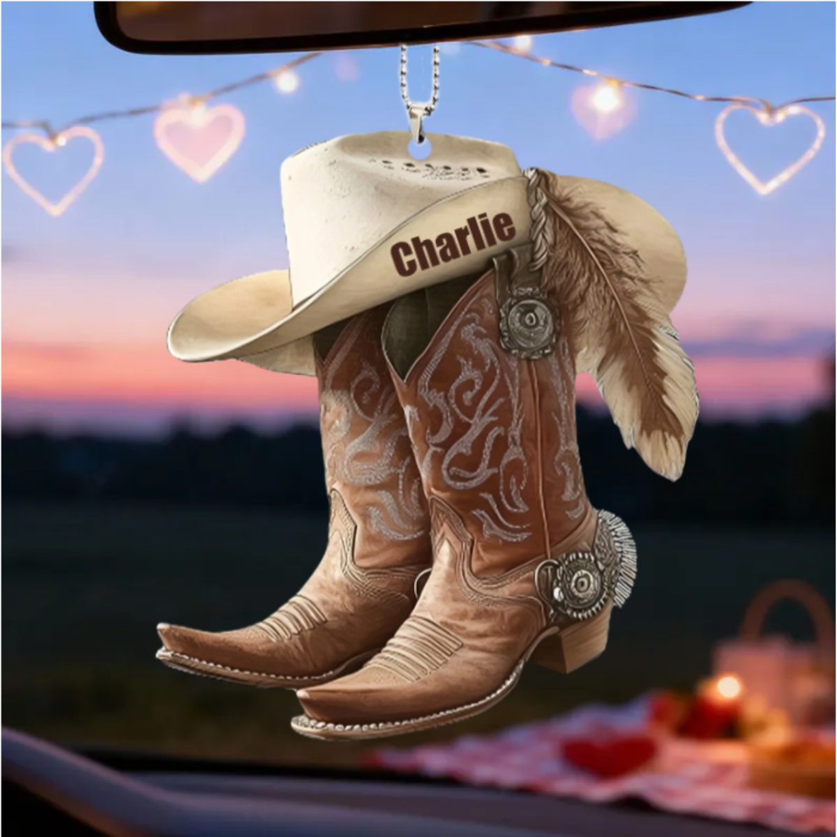 Personalized Cowboy & Cowgirl Boots Car Ornament with Custom Name – Western Hat & Boots Hanging Decoration, Rustic Ranch Gift for Men & Women