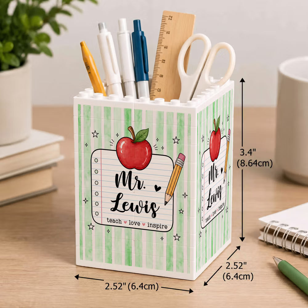 Personalised Teach Love Inspire Large Capacity Building Blocks Brick Pencil Holder with Appellation and Name Teacher’s Day Gift for Teacher