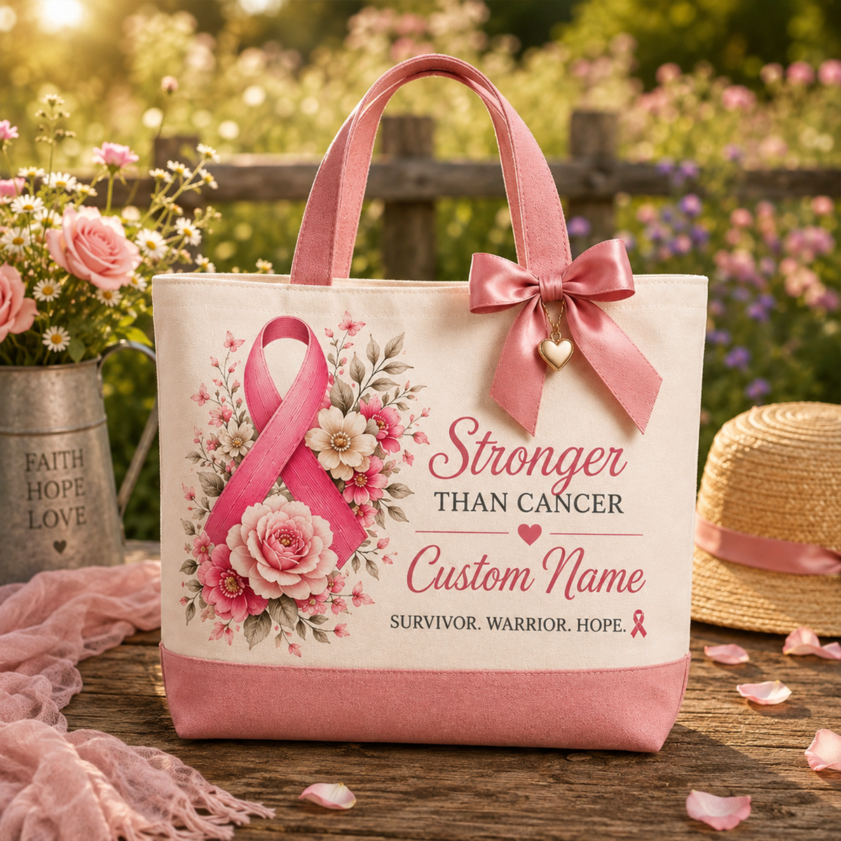 Personalized Breast Cancer Awareness Tote Bag – Stronger Than Cancer Floral Pink Ribbon Canvas Bag, Custom Name Survivor Gift