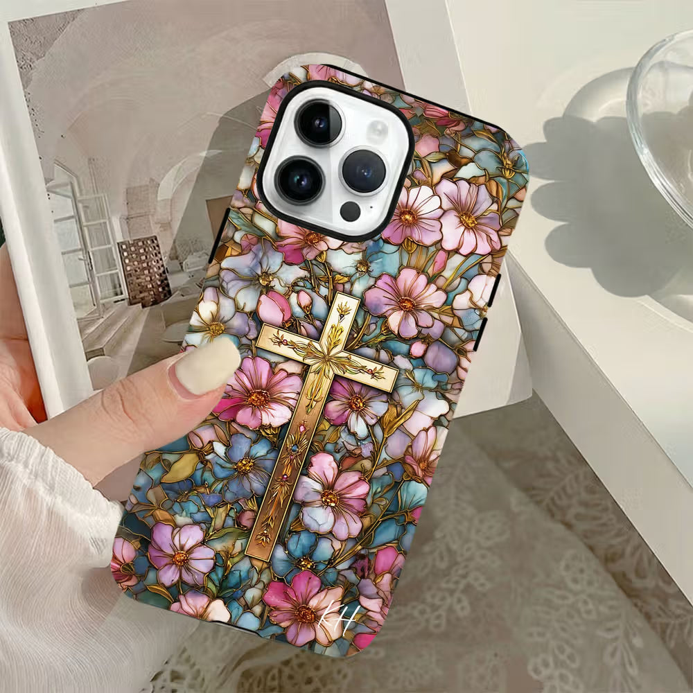 Personalized Cross Floral Stained Glass Phone Case with Letter for iPhone Anniversary Birthday Gift for Friend Family Woman