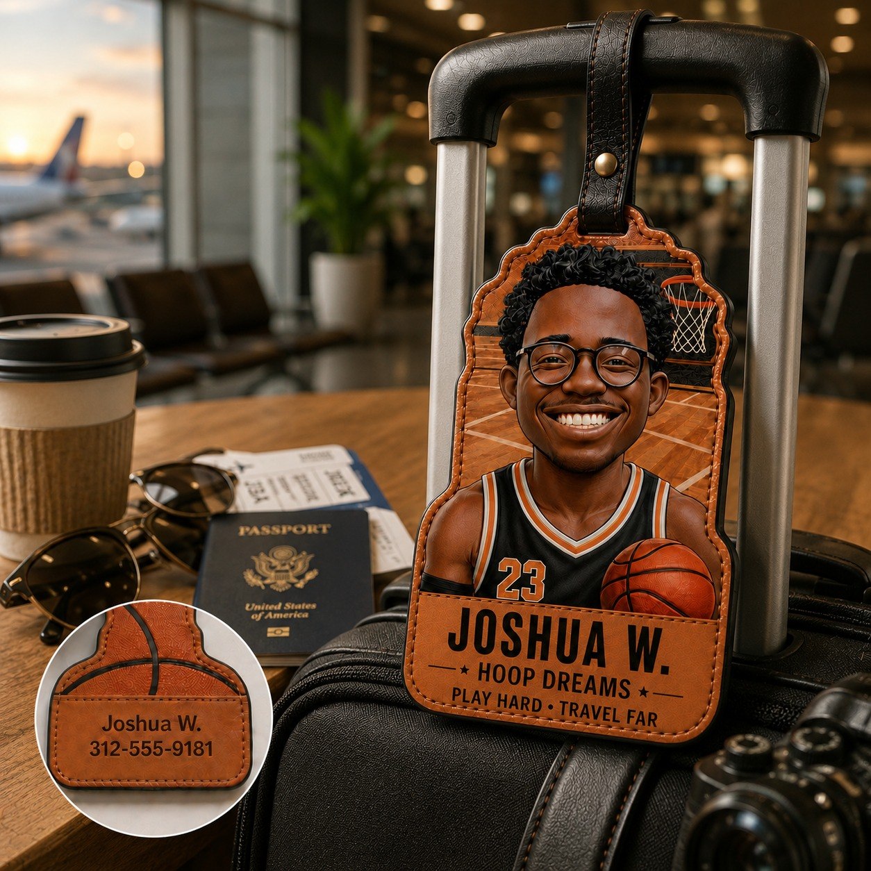 Personalized Basketball Photo Leather Luggage Tag – Custom Name Travel Bag Tag Gift