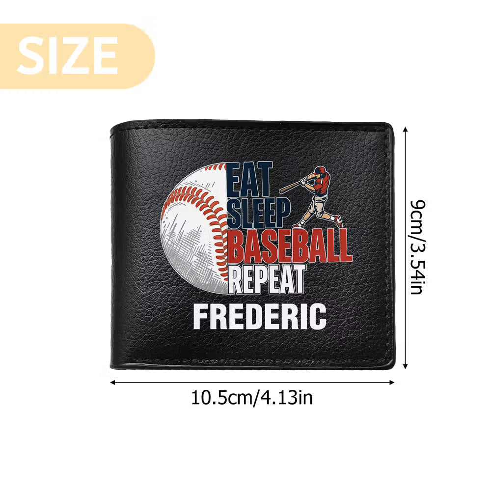 Personalised Eat Sleep Baseball Repeat PU Leather Men's Wallet with Name Father's Day Birthday Gift for Baseball Players Lovers