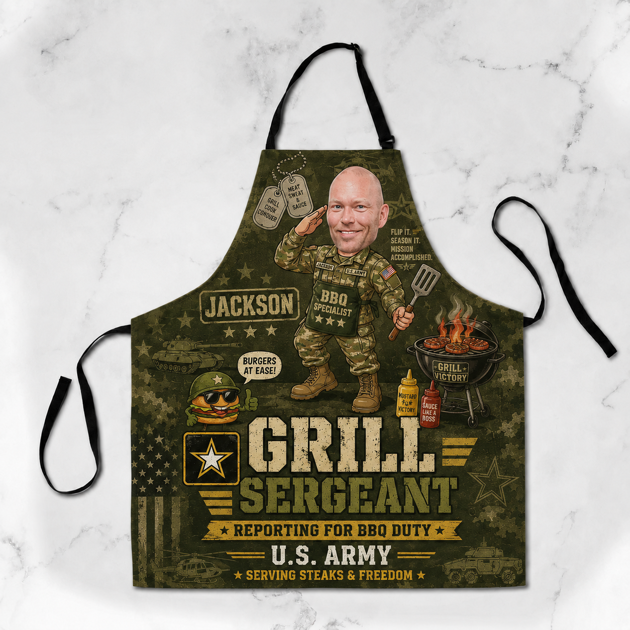 Personalized Grill Sergeant Apron – Custom Photo U.S. Army-Inspired Funny BBQ Apron, Gift For Dad, Husband, Grandpa, Veteran, Soldier