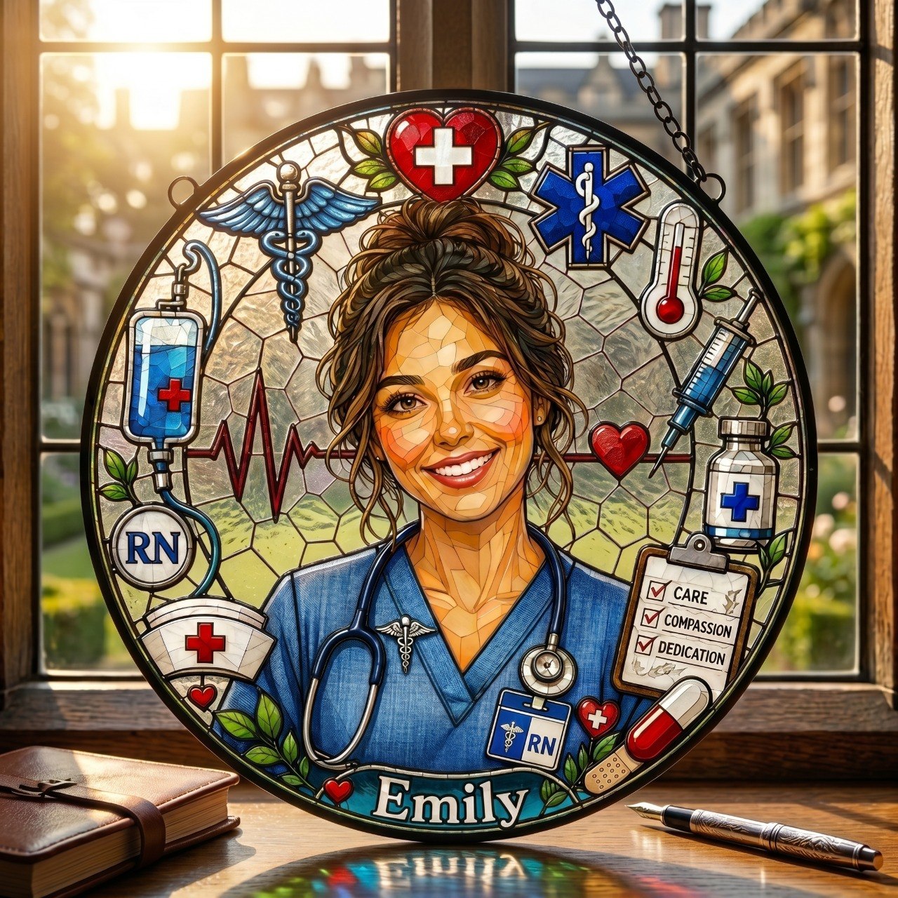 Personalized Nurse Stained Glass Suncatcher – Custom Name & Photo RN Window Hanging Decor