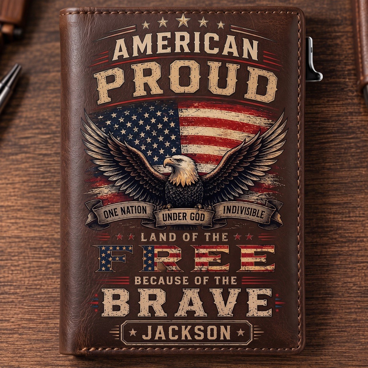 Personalized American Pride Pop-Up Wallet – Custom Name RFID Blocking Slim Leather Wallet, Patriotic Eagle & USA Flag Gift for Men, Veterans, Dad, Husband
