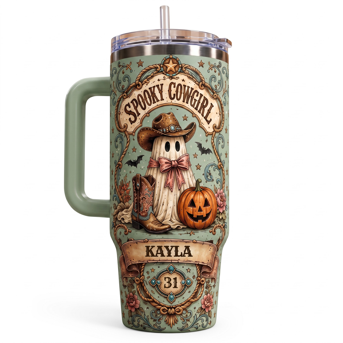 Personalized Spooky Cowgirl Tumbler 40oz, Custom Name Halloween Western Tumbler, Ghost Cowgirl Travel Mug with Handle, Cute Cowgirl Gift