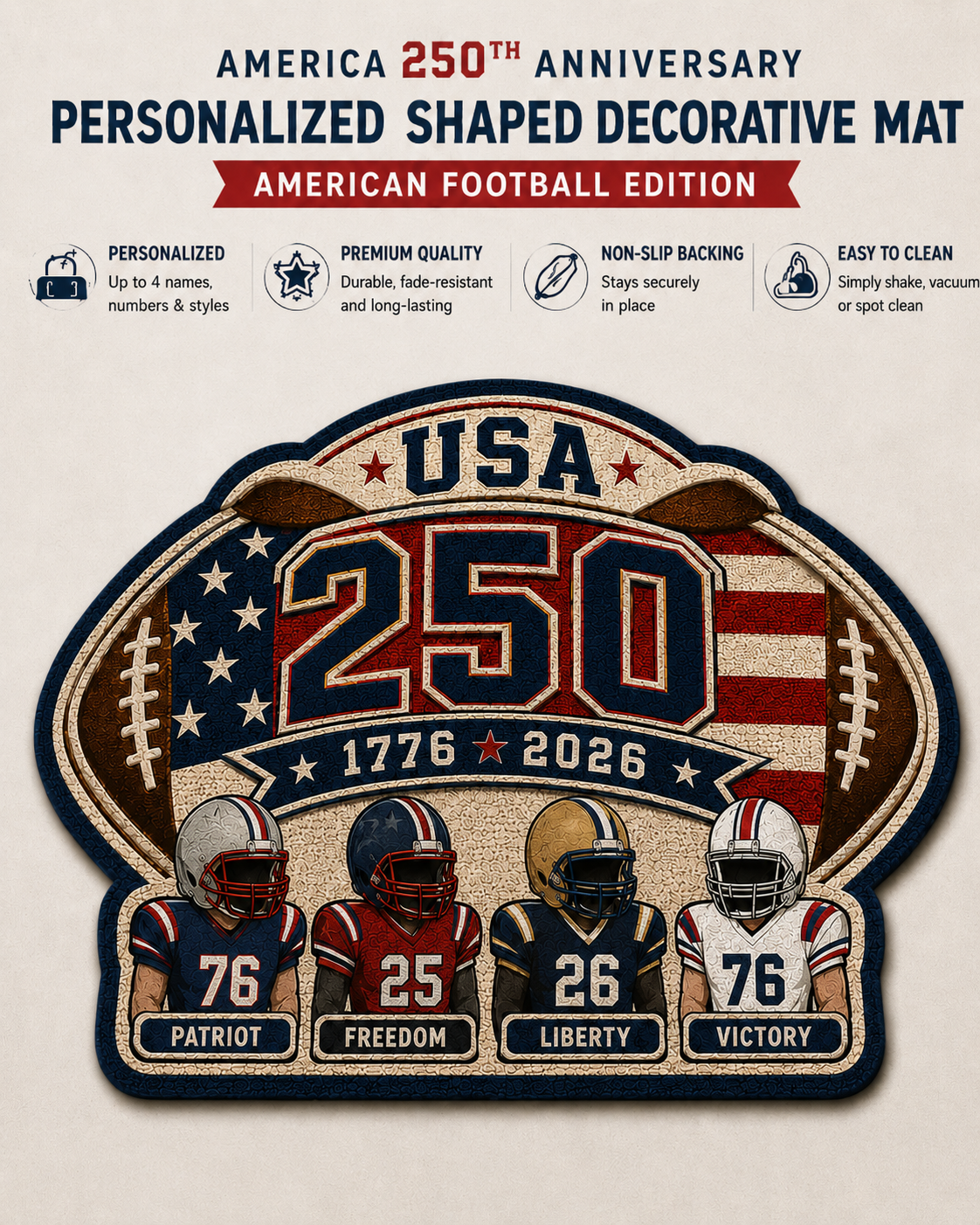 Personalized Shaped Decorative Mat – American Football 250th Anniversary Custom Family Player Doormat