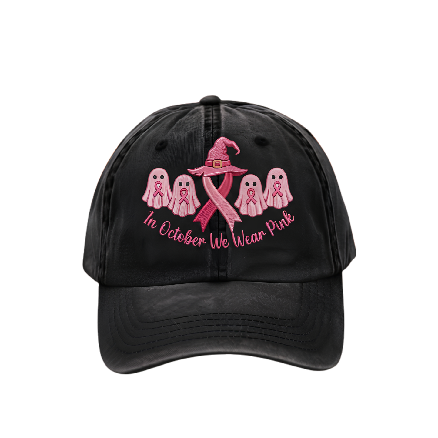 Custom Breast Cancer Distressed Washed Cotton Printed Hat , In October We Wear Pink Ghost Hat, Cancer Support Hat, Cancer Fighter Gifts