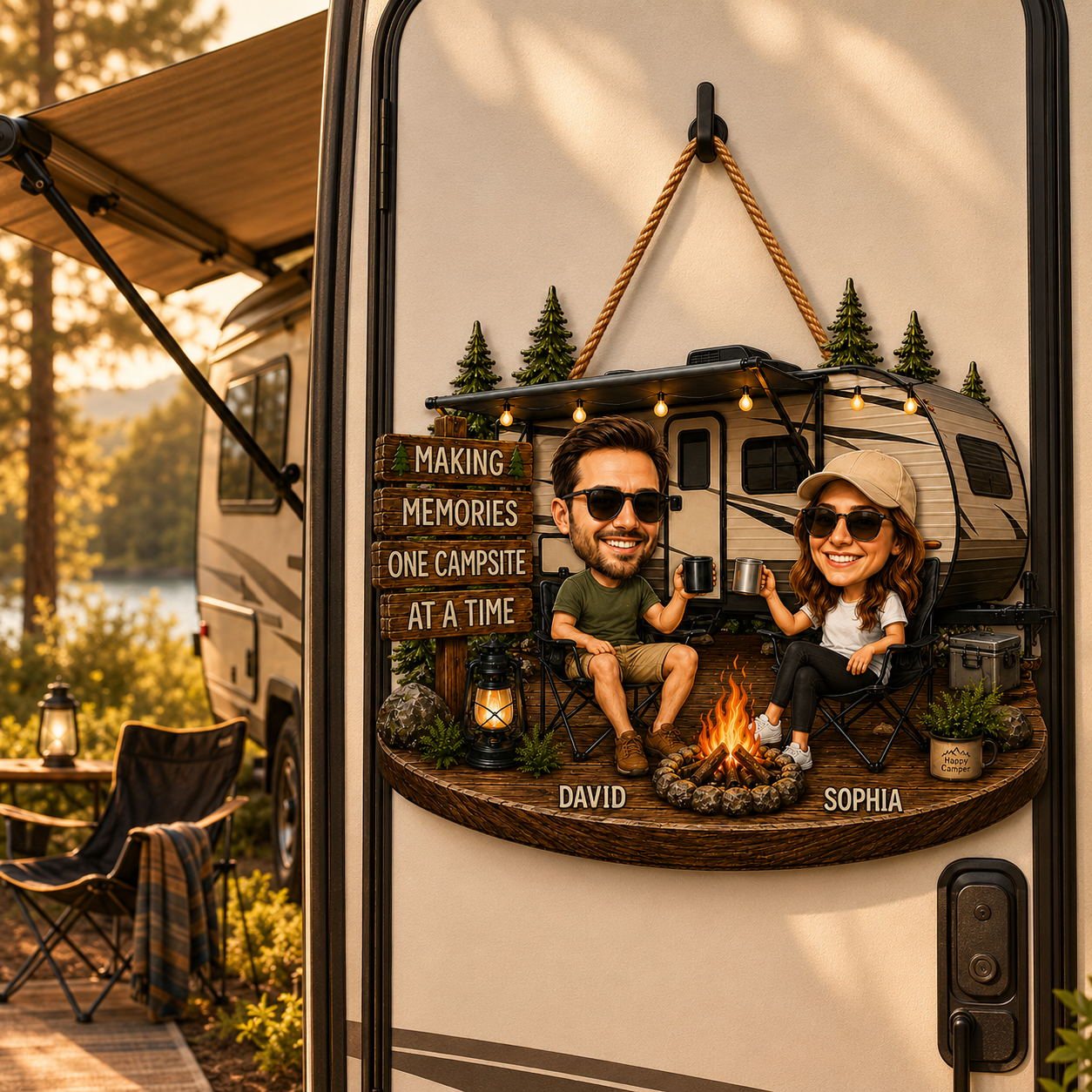 Personalized RV Camping Couple Face Cutout Wooden Door Sign – Making Memories One Campsite at a Time