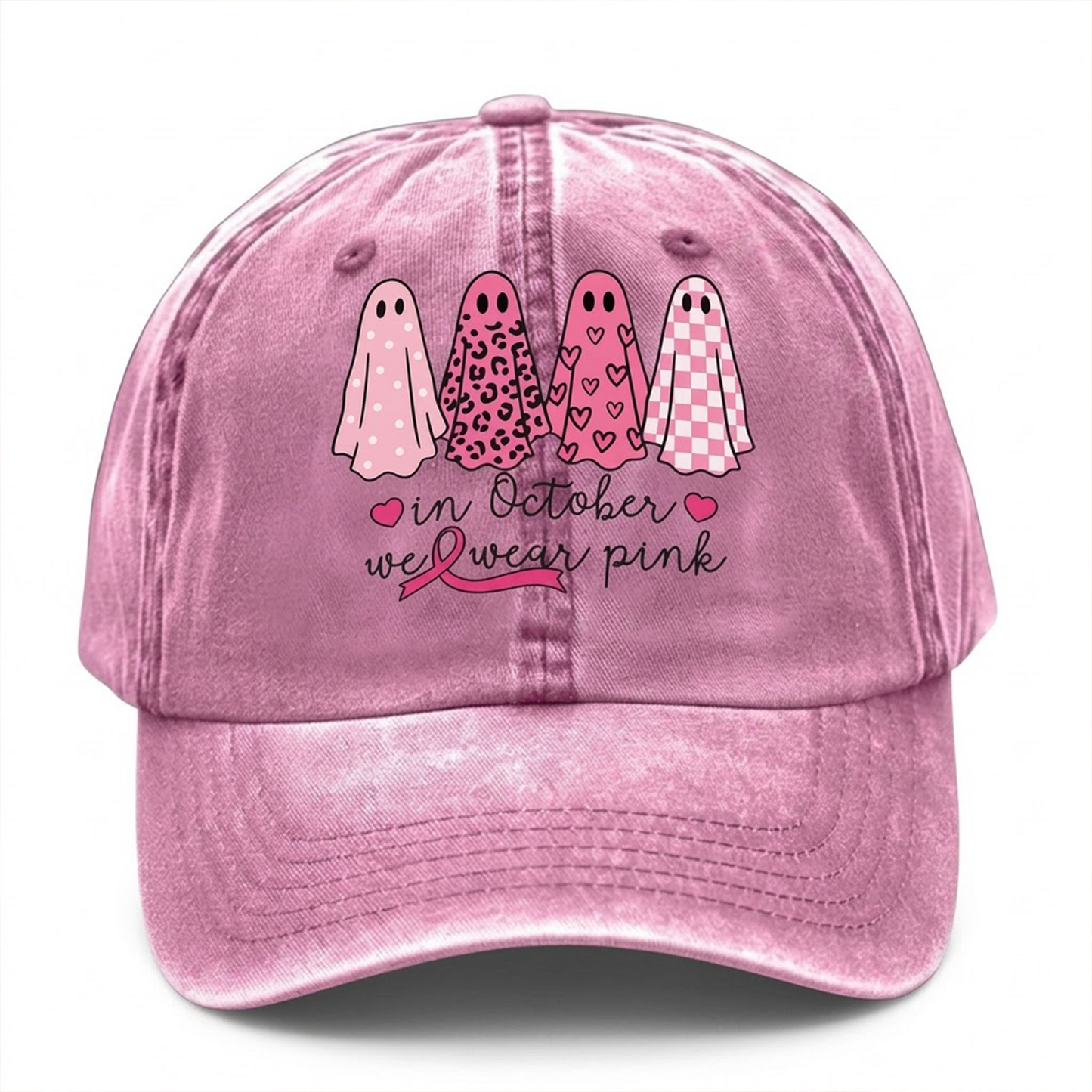 Custom Breast Cancer Distressed Washed Cotton Printed Hat , In October We Wear Pink Ghost Hat, Cancer Support Hat, Cancer Awareness Shirt, Cancer Fighter Gifts
