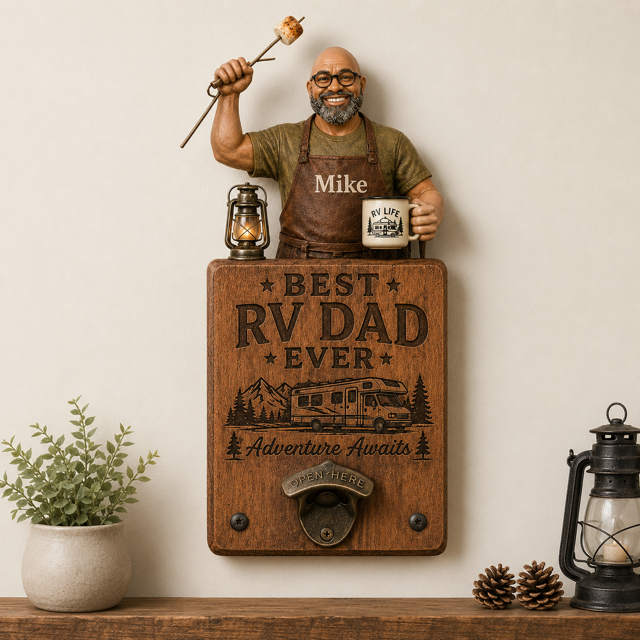 Personalized Best RV Dad Ever Wall Bottle Opener – Custom Photo Wooden RV Camping Sign, Adventure Gift for Dad