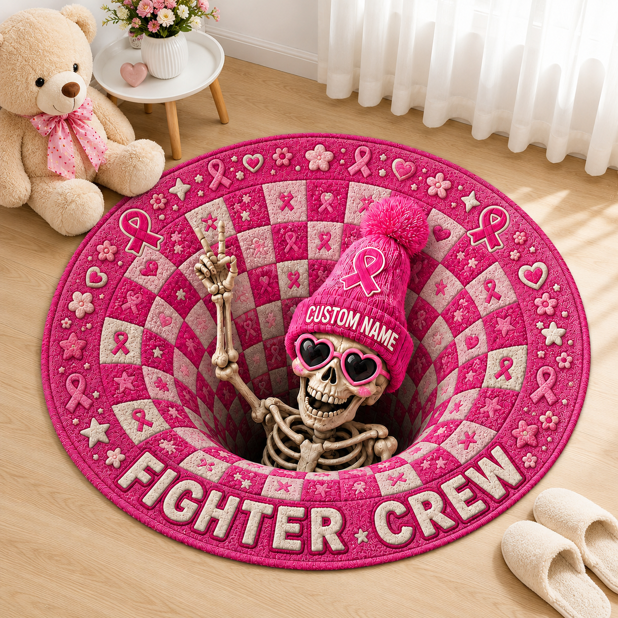 Personalized Pink Ribbon Fighter Crew Skeleton Round Rug – Custom Name Breast Cancer Awareness Home Decor