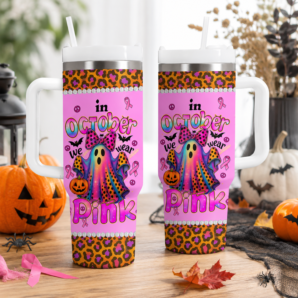 Breast Cancer Awareness Halloween Ghost - Personalized 40oz Stainless Steel Tumbler