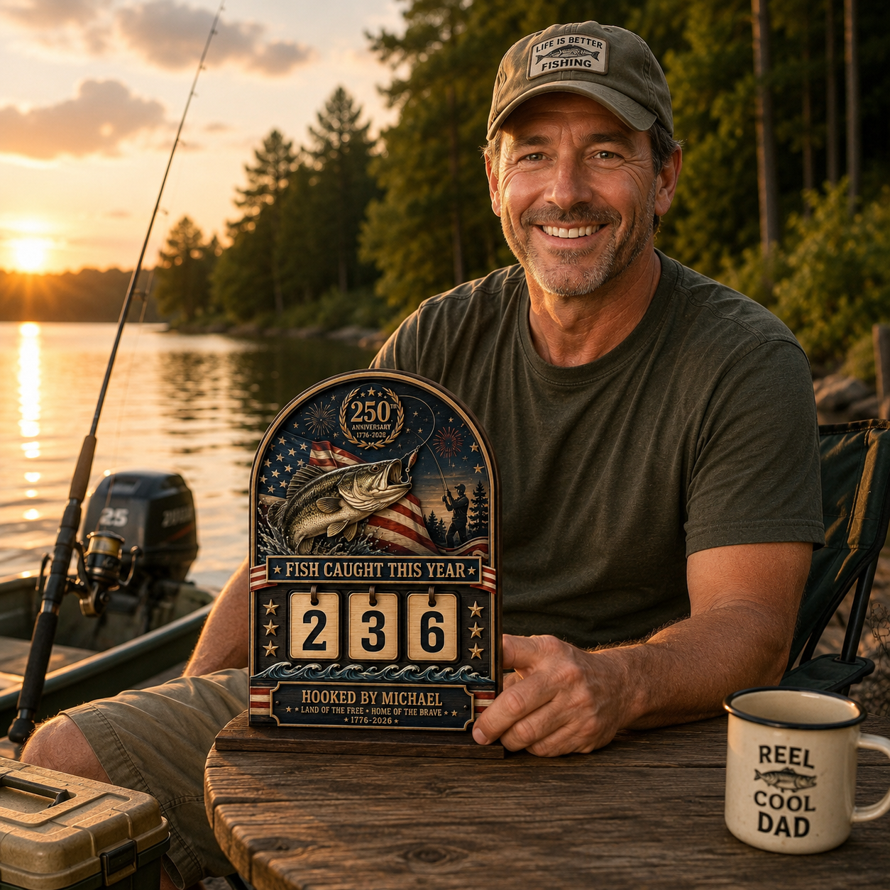 Personalized America 250th Anniversary Fishing Tracker Sign β Fish Caught This Year β Custom 2-Layered Wooden Plaque
