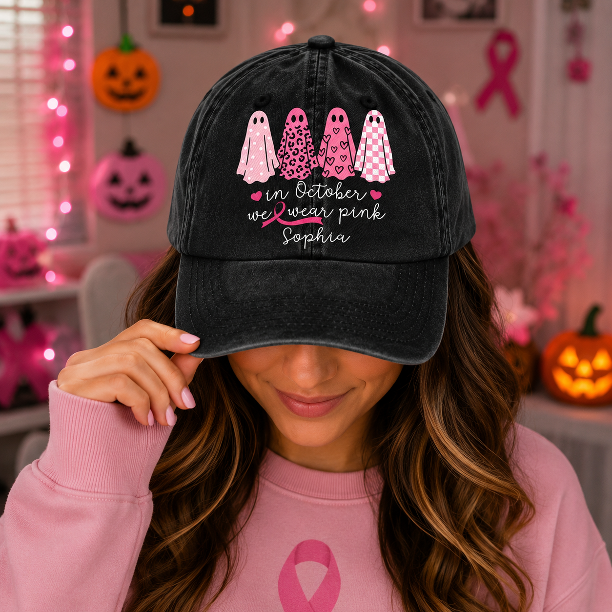 Custom Name In October We Wear Pink Ghosts - Personalized Breast Cancer Awareness Baseball Cap