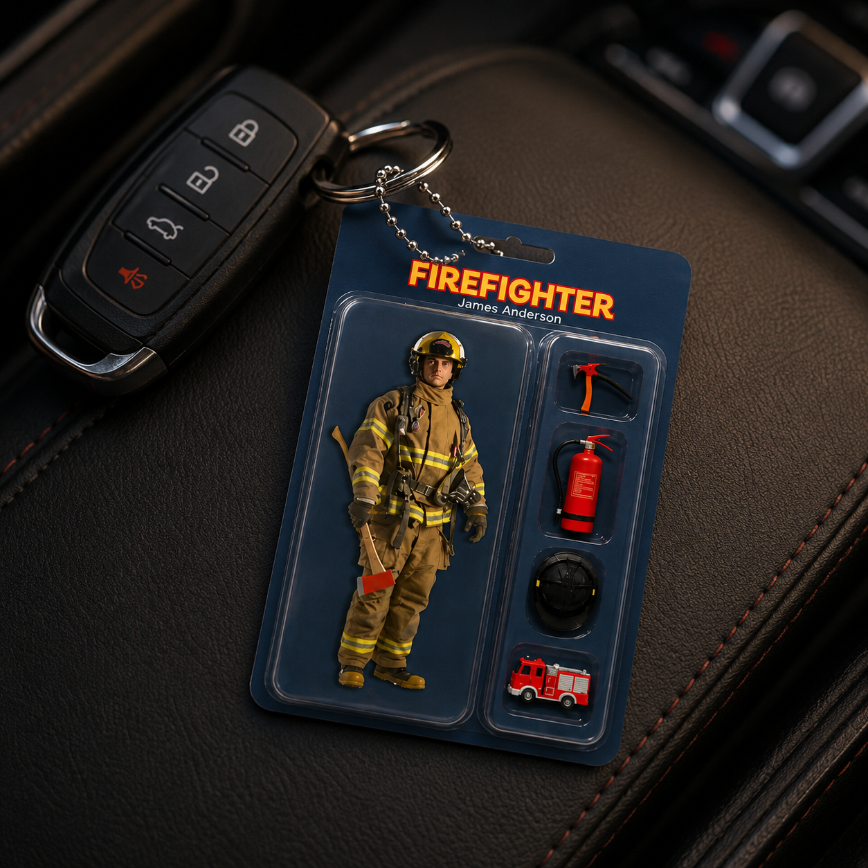 Personalised Photo 3D Effect Cartoon Fireman Acrylic Keychain with Department Position and Name Birthday Gift for Fireman