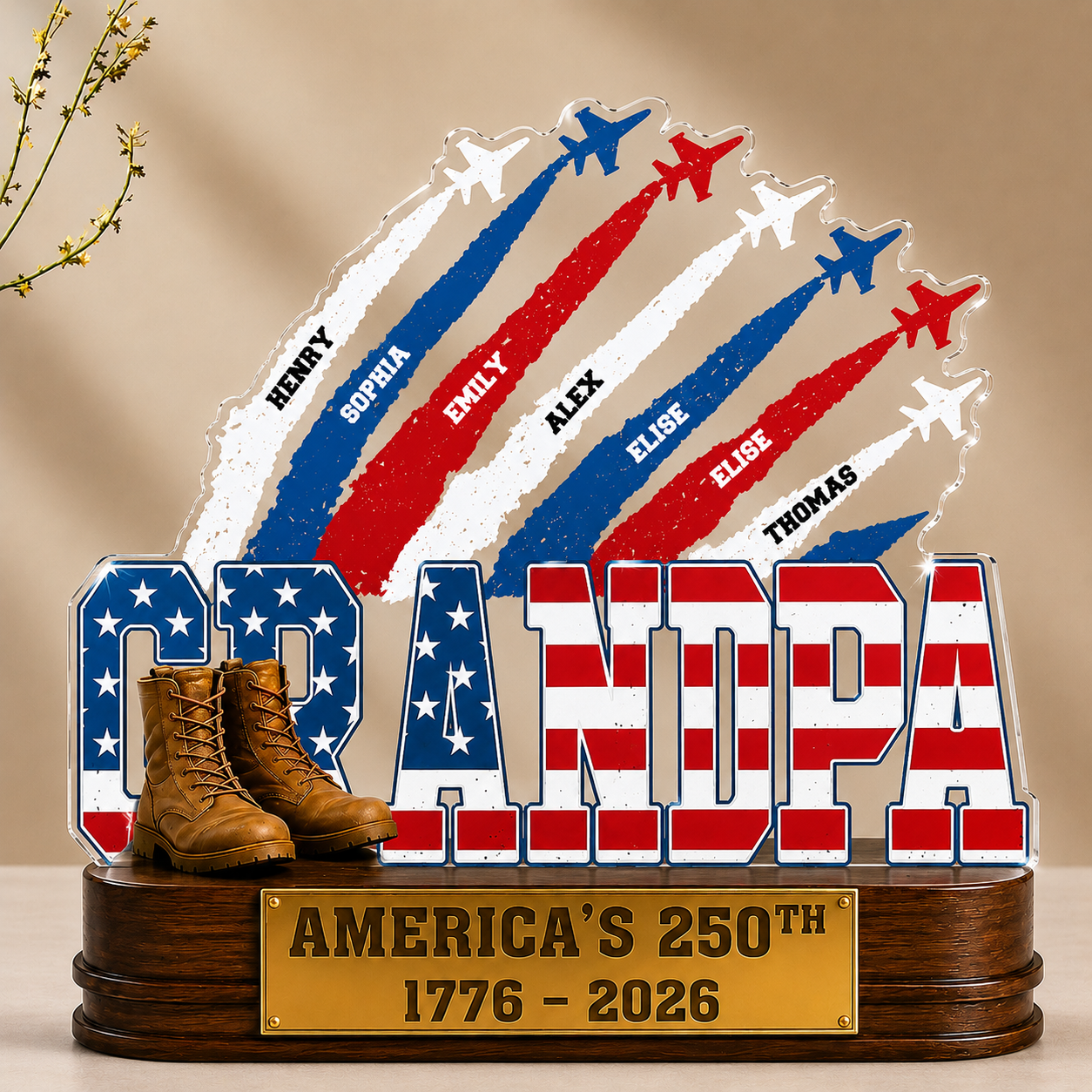 Proud Dad Grandpa America 250th Anniversary Personalized Acrylic Plaque – Custom Kids Names Patriotic Gift for Dad, Grandpa, Father's Day Gift