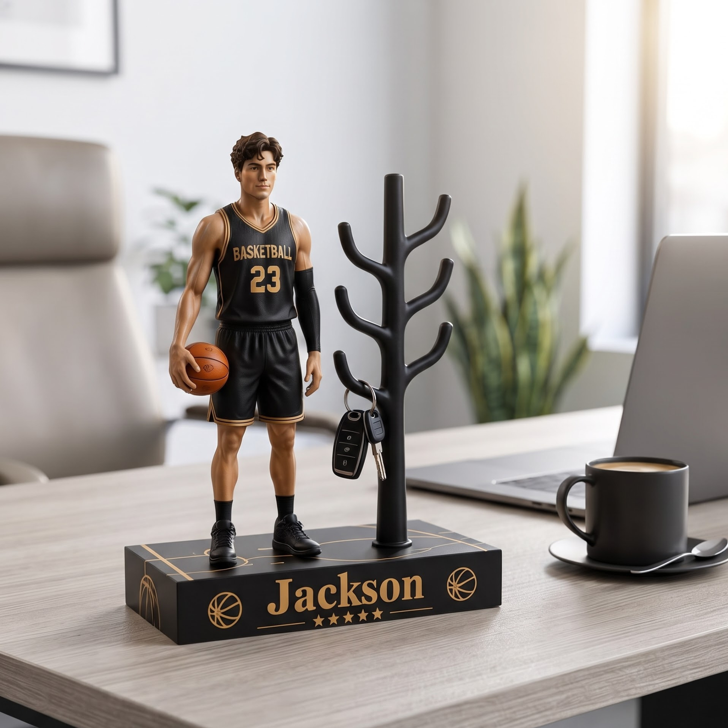 Personalized Basketball Player Figurine Key Holder Stand – Custom Name Sports Desk Decor