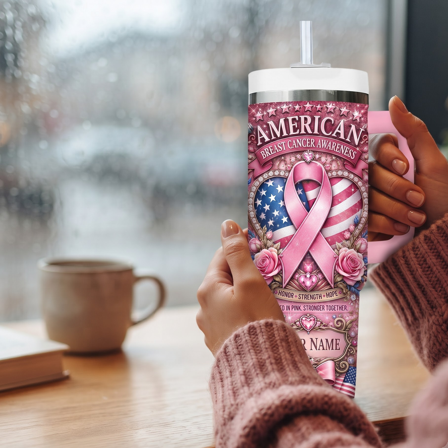 Personalized American Breast Cancer Awareness 40oz Tumbler With Handle & Straw – Custom Name Pink Ribbon Patriotic Gift