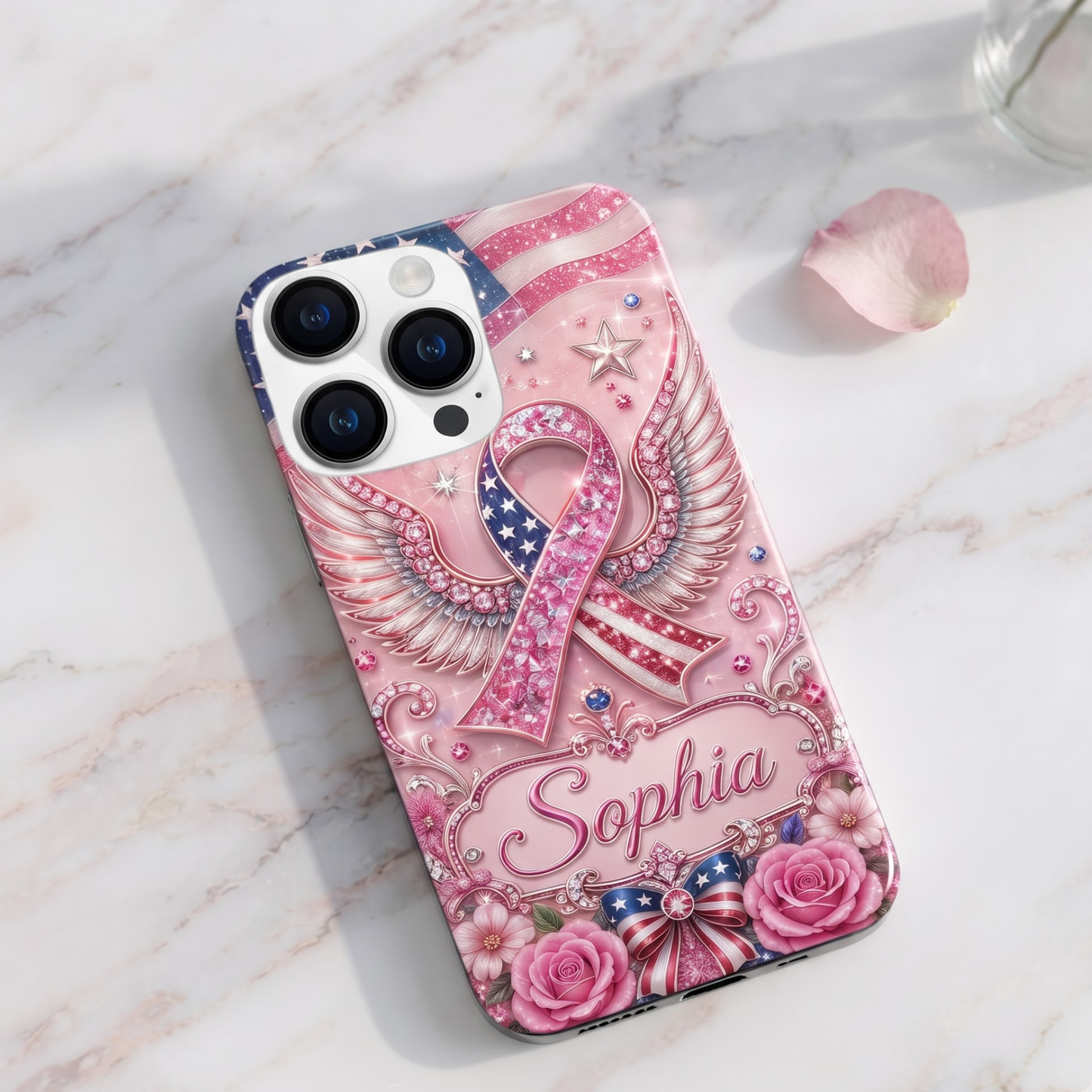 Personalized American Breast Cancer Awareness Phone Case – Pink Ribbon Wings Custom Name Glitter TPU Case