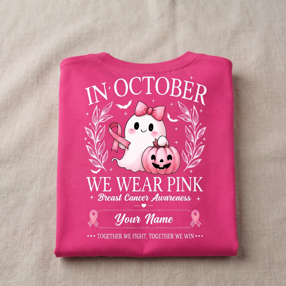 Personalized In October We Wear Pink Breast Cancer Awareness Halloween T-Shirt – Custom Name Pink Ribbon Ghost Pumpkin Tee