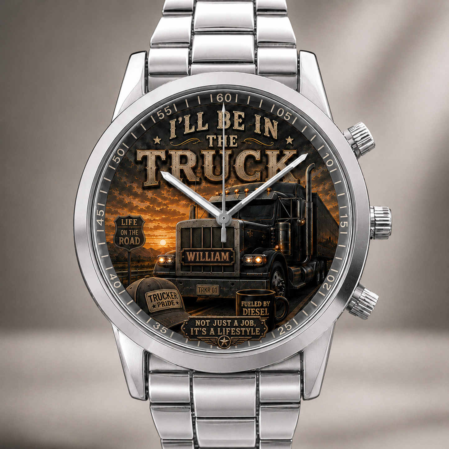 I’ll Be In The Truck Personalized Trucker Men’s Watch – Custom Name Semi-Truck Driver Gift