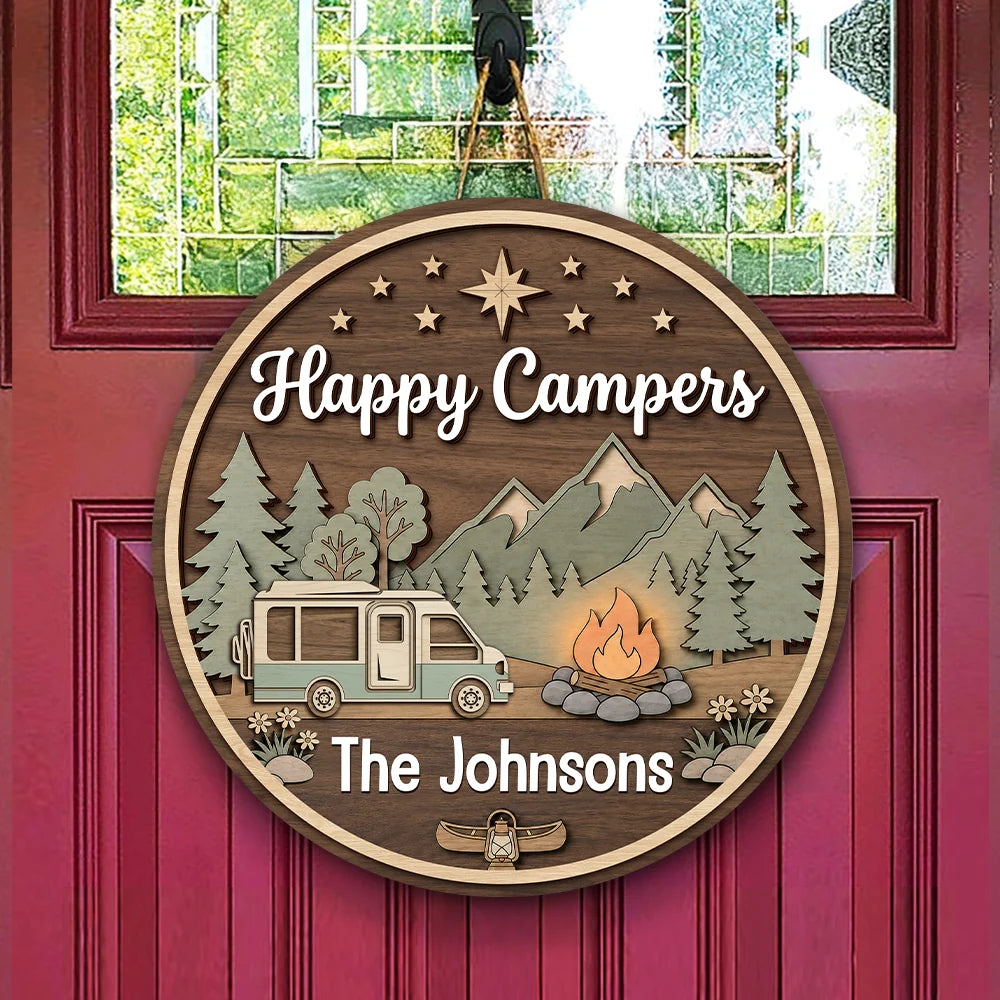 Happy Campers Family Camping - Personalized Wooden Round Sign