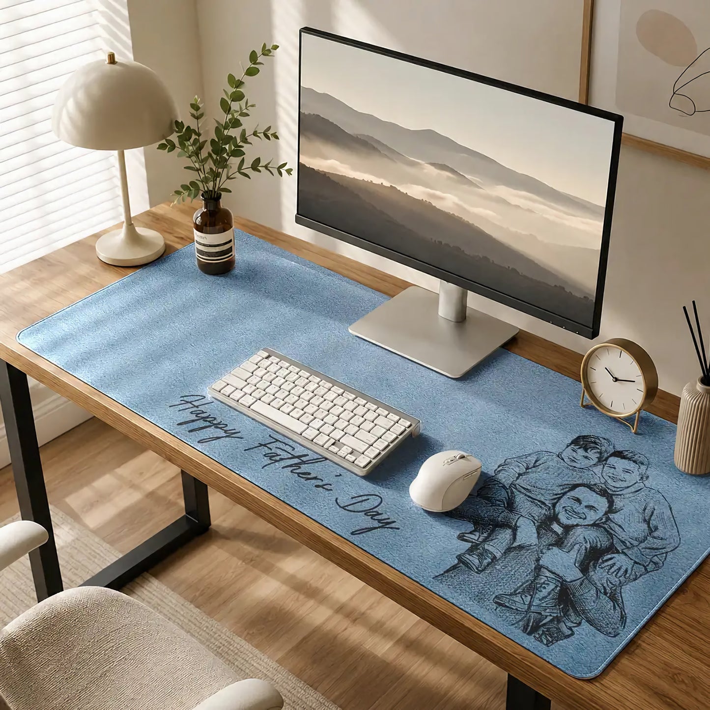 Custom Photo Pencil Sketch Just A Dad And His Girl - Personalized Leather Desk Mat