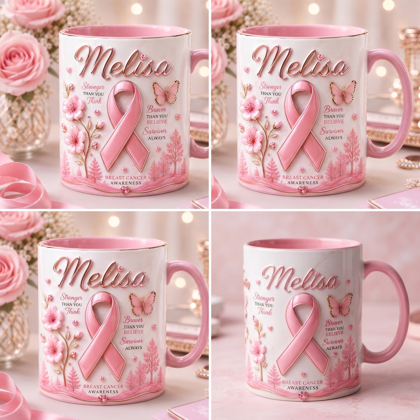 Personalized Breast Cancer Awareness Mug – Stronger, Braver, Survivor Gift