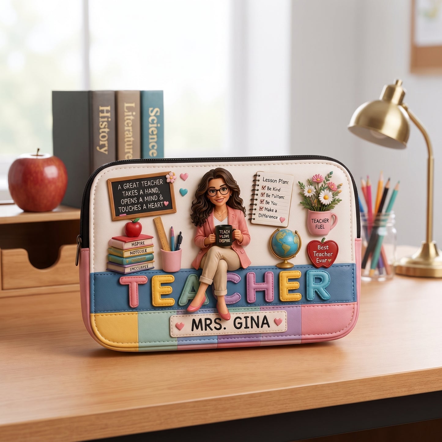 Personalized Teacher Pencil Case – Custom Photo Teacher Portrait Bag, School Supplies Organizer, Teacher Appreciation Gift