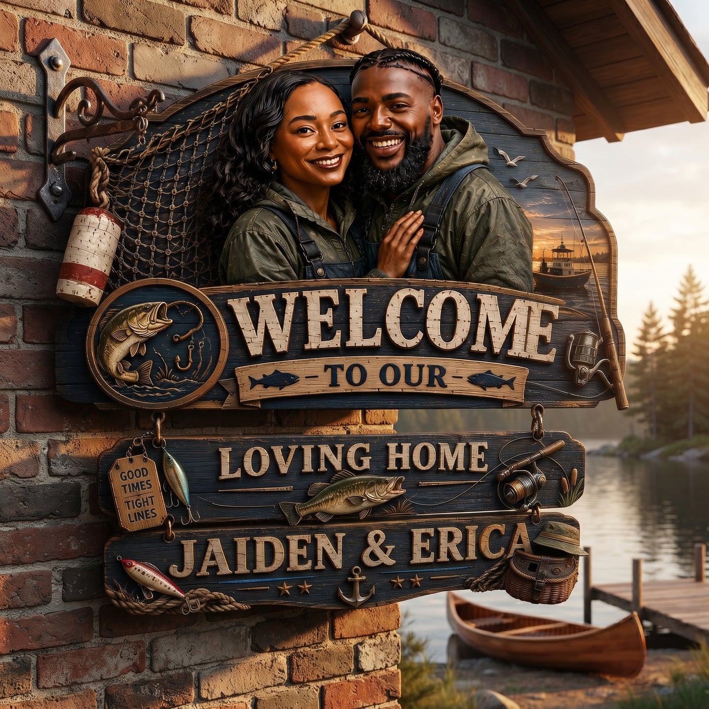 Personalized Fisherman Couple Pallet Wood Sign – Custom Fishing Family Welcome Sign – Rustic Angler Home Decor – Fishing Lover Gift for Couple, Dad, Husband