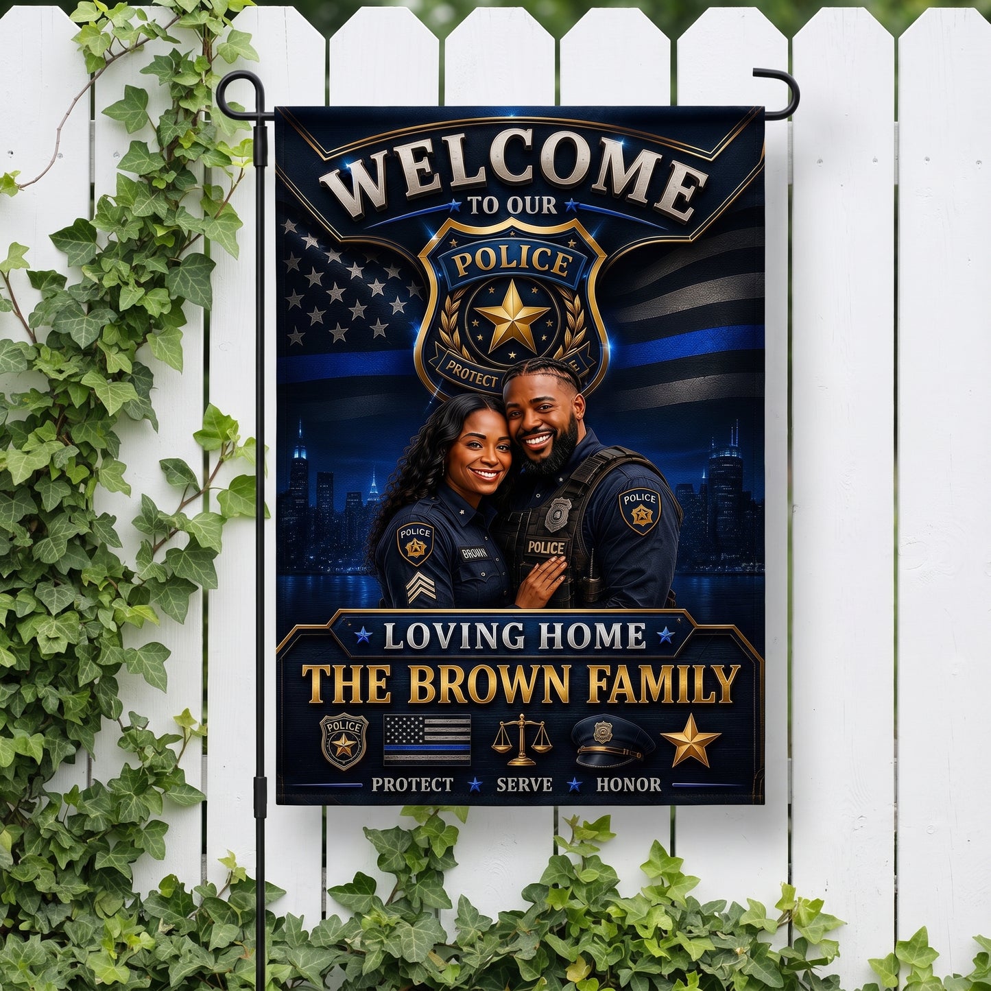 Personalized Police Family Welcome Garden Flag – Custom Officer Photo, Thin Blue Line Outdoor Decor, Police Home Gift