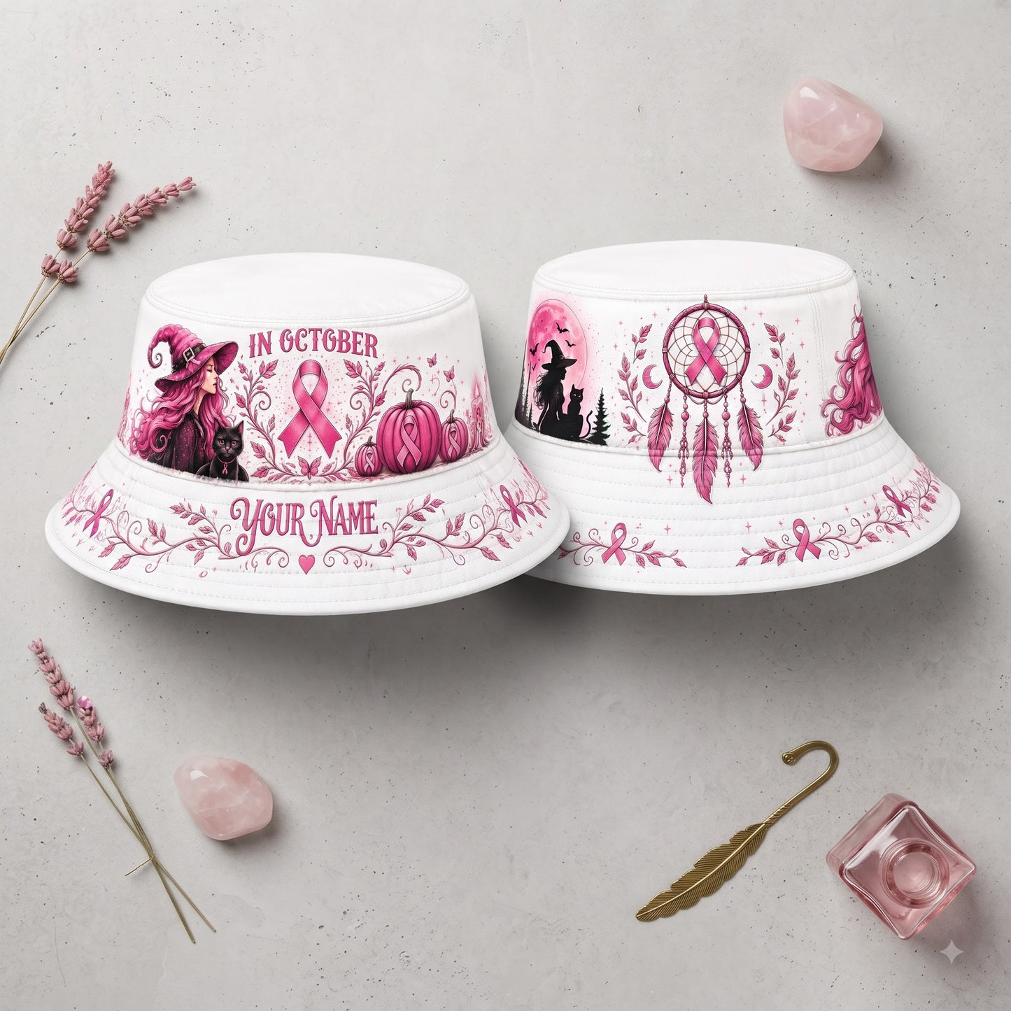 Personalized In October We Wear Pink Witch Bucket Hat – Breast Cancer Awareness Halloween Hat
