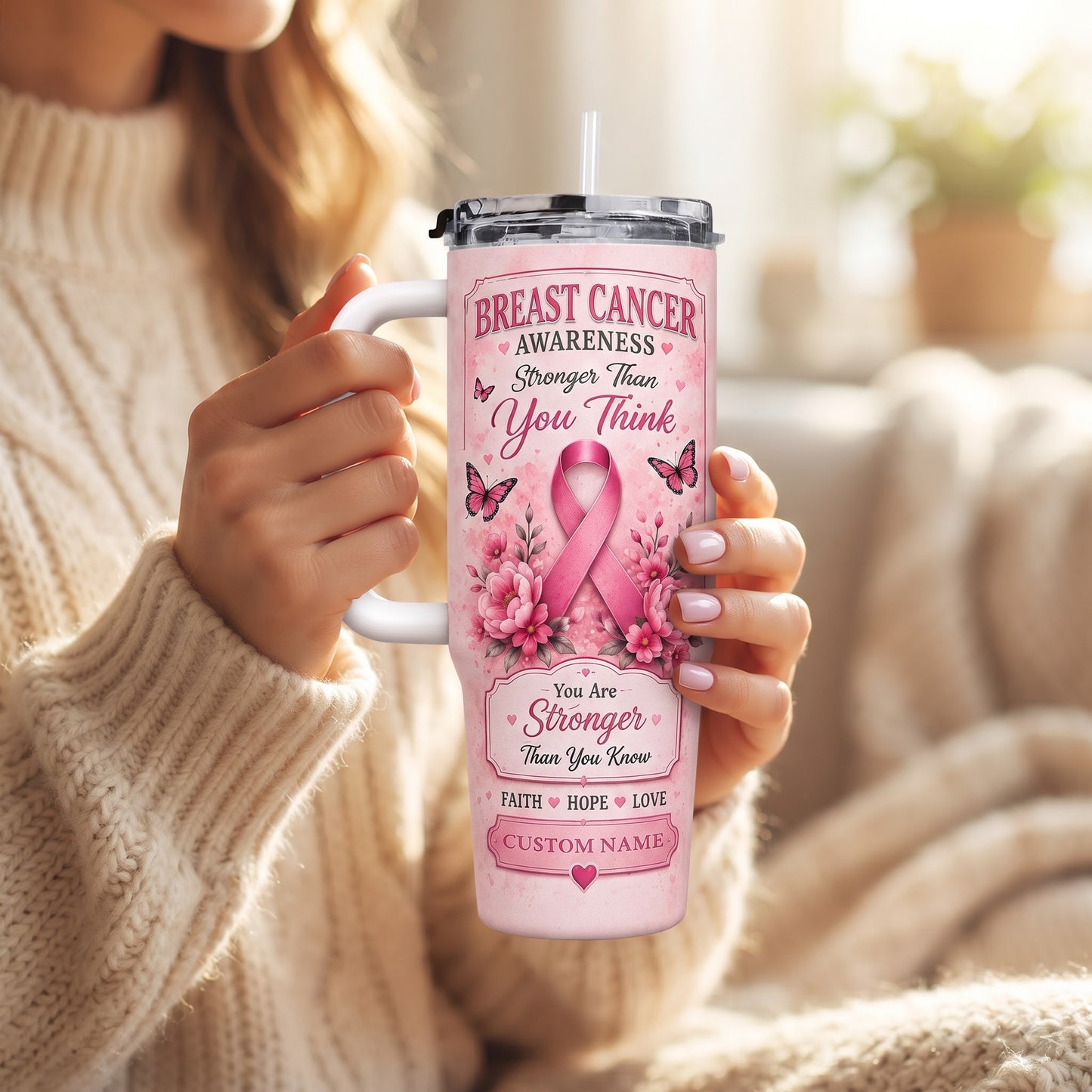 Personalized Breast Cancer Awareness 40oz Tumbler With Handle & Straw – Stronger Than You Think Pink Ribbon Gift