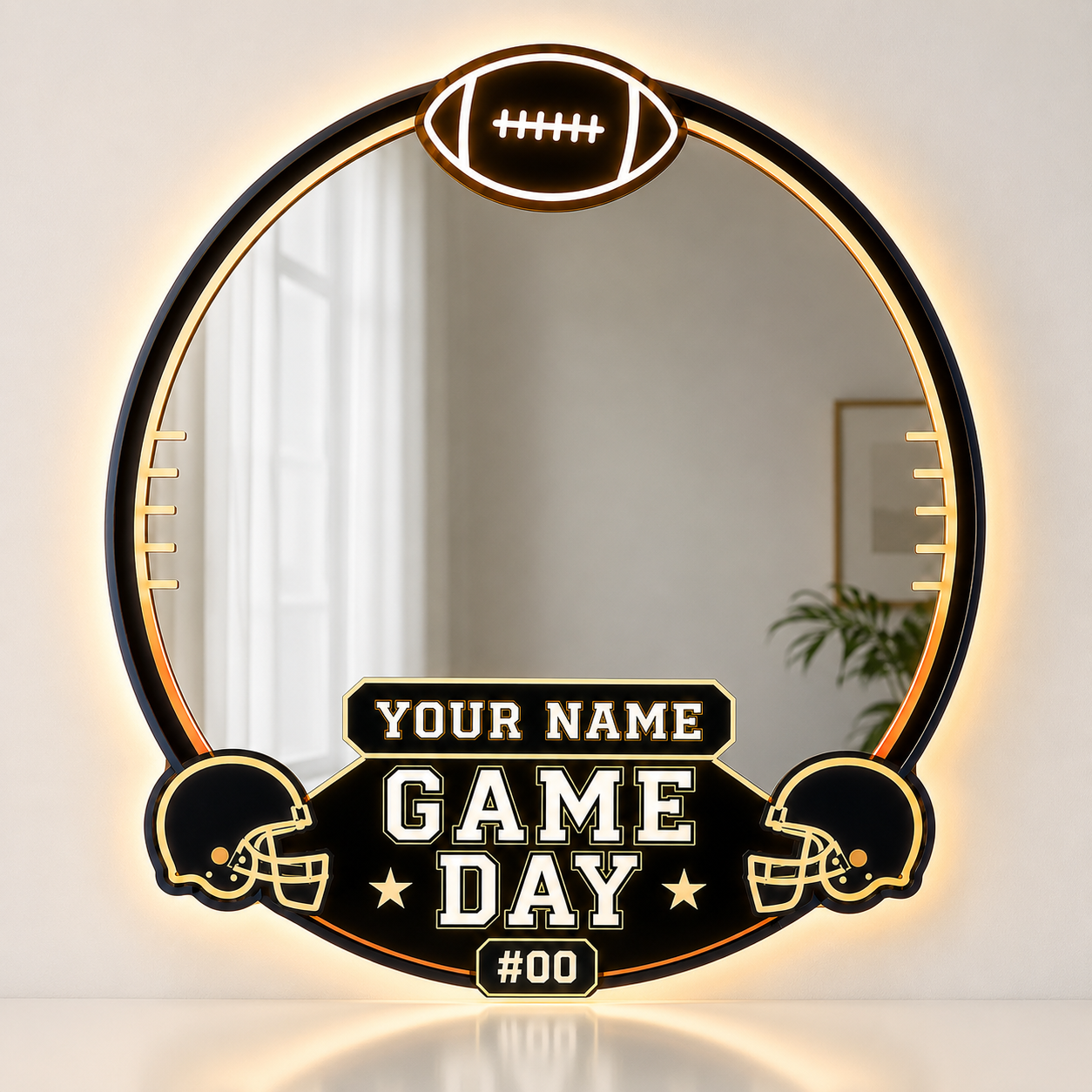 Personalized American Football Game Day LED Mirror – Custom Name & Number Sports Wall Decor