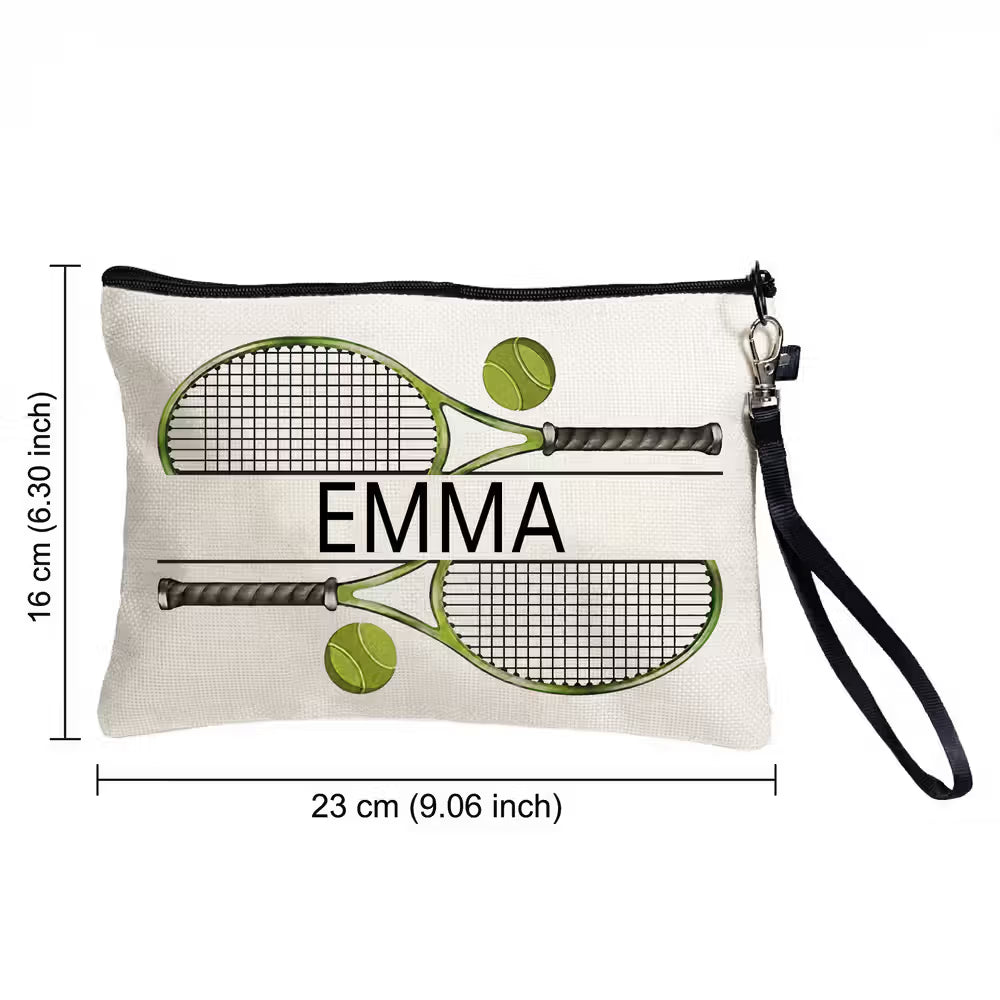 Personalised Tennis Theme Makeup Storage Bag with Name and Wrist Strap Travel Essentials Birthday Gift for Tennis Lovers
