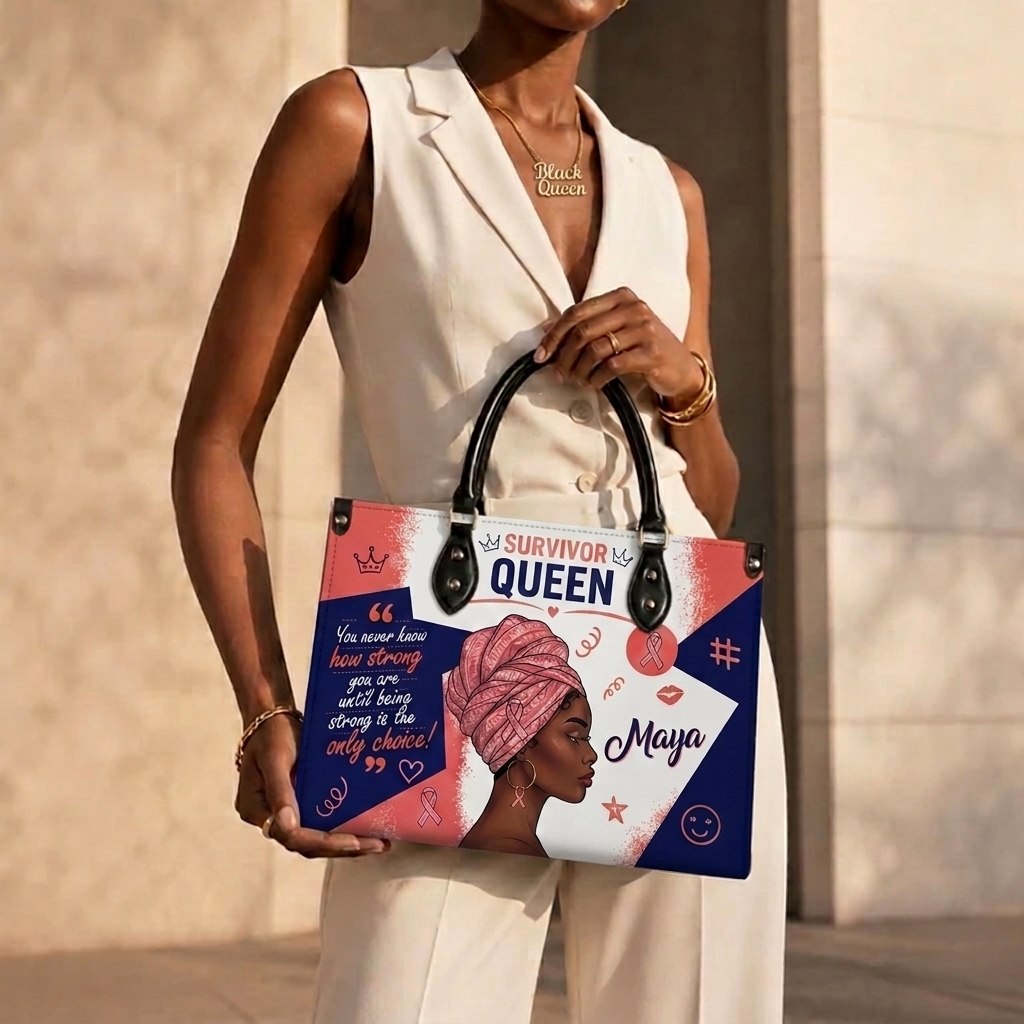 Personalized Breast Cancer Survivor Queen PU Leather Handbag with Custom Name for Black Women