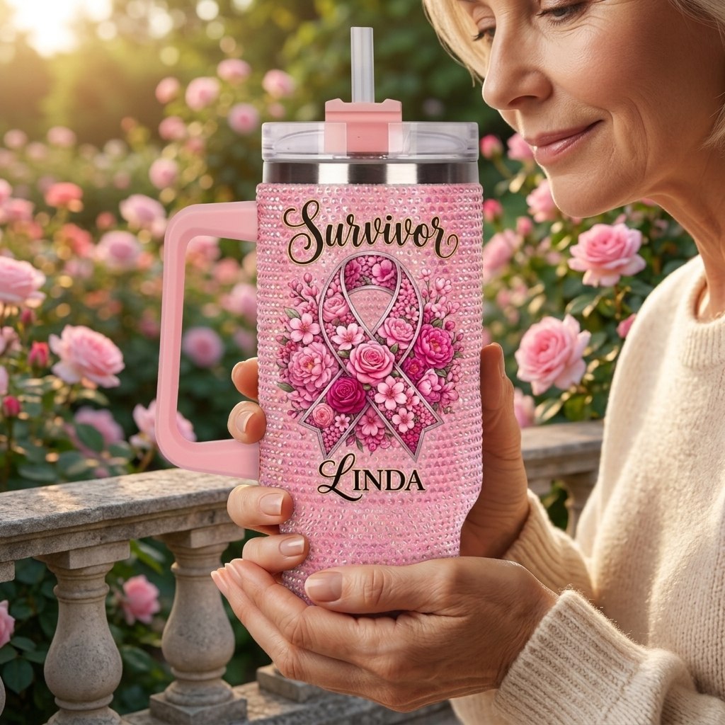 Personalized Breast Cancer Survivor Rhinestone 40 Oz Tumbler with Custom Name