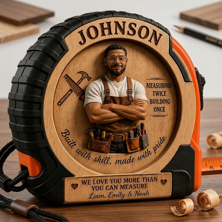 Personalized Carpenter Tape Measure for Dad – Custom Name & Photo Wooden Measuring Tape Gift