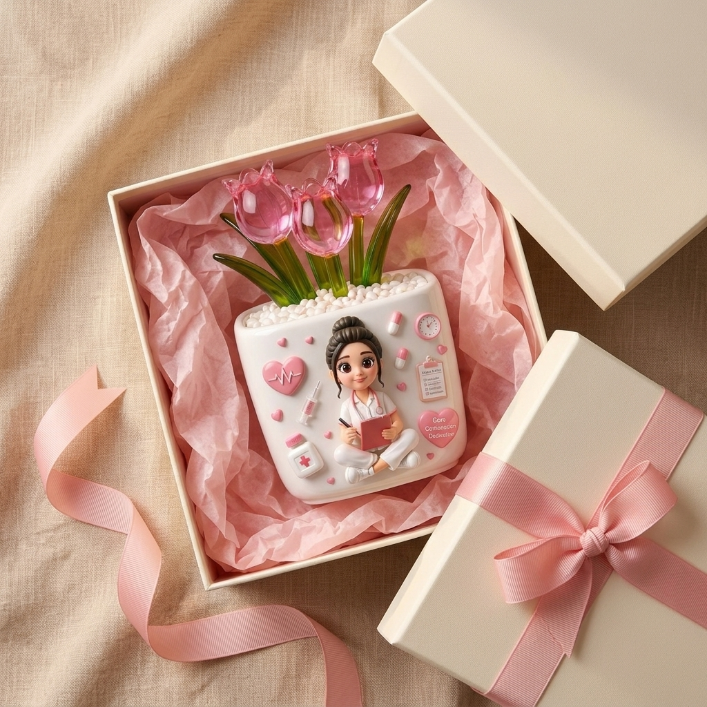 Personalized Nurse Glass Tulip Flower Pot – Forever Blooming Thank You Gift for Nurses | Custom Photo Ceramic Desk Decor