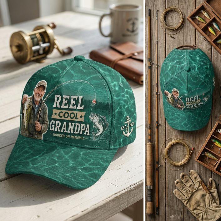 Personalized Reel Cool Dad Grandpa Fishing Photo Classic Cap – Custom Fisherman Hat Gift For Dad, Grandpa