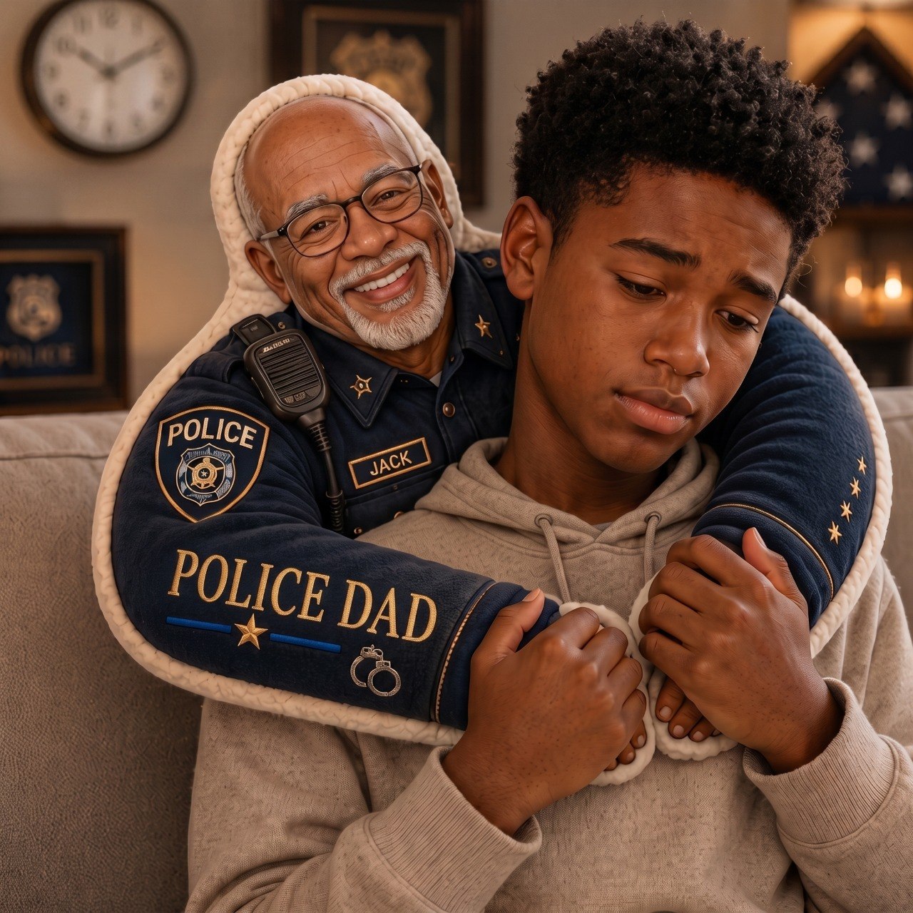 Personalized Police Officer Hug Pillow – Custom Photo Faux Fur Shaped Pillow, Police Dad & Grandpa Comfort Gift