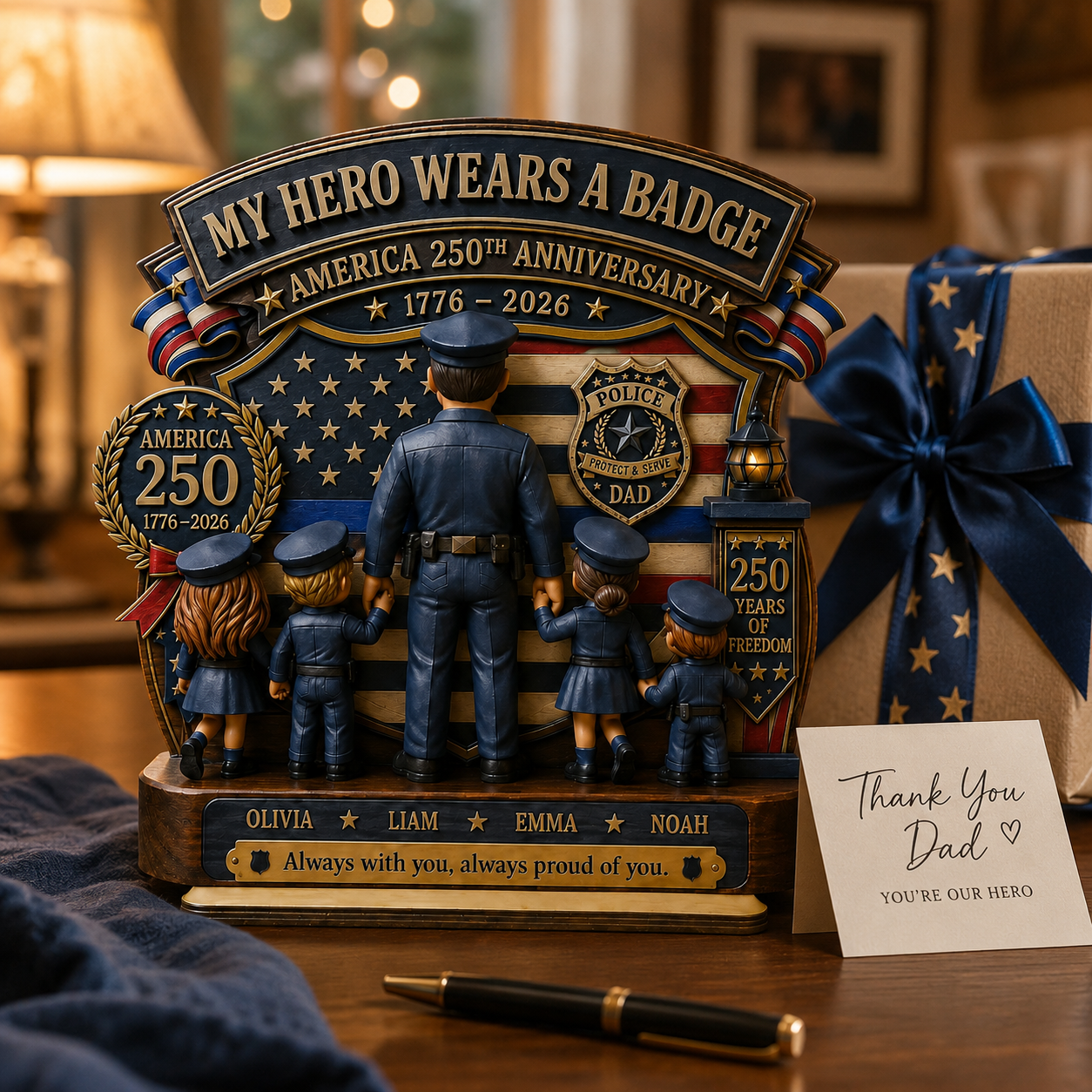 Personalized Police Dad America 250th Anniversary Family Keepsake, Custom Police Officer Dad With Kids, My Hero Wears A Badge Patriotic Gift 1776–2026