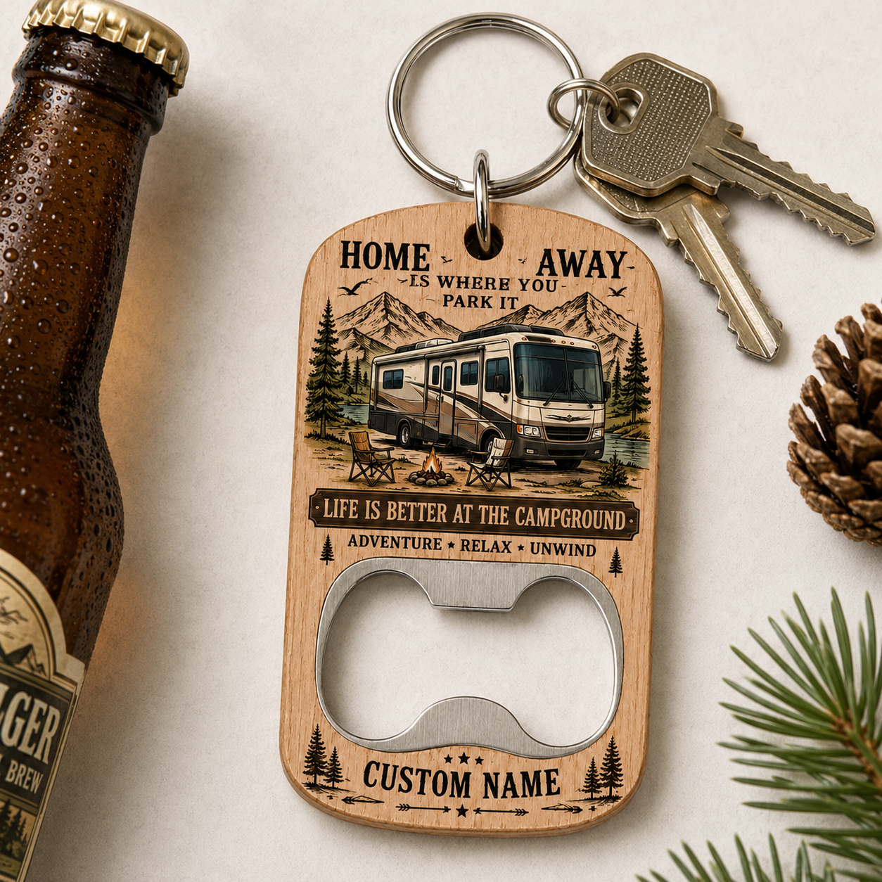 Personalized RV Bottle Opener Keychain – Custom Name Wooden Camping Keychain – Home Is Where You Park It Gift for RV Lovers, Campers & Travelers