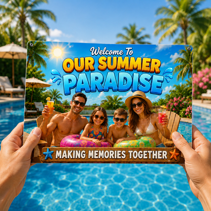 Welcome To Our Summer Paradise – Personalized Family Pool Metal Sign – Custom Summer Gift For Family