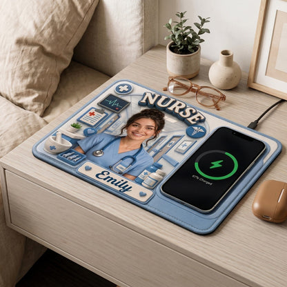Personalized Nurse Custom Photo Wireless Charging Mat – Custom Name PU Leather Desk Mat, Nurse Gift