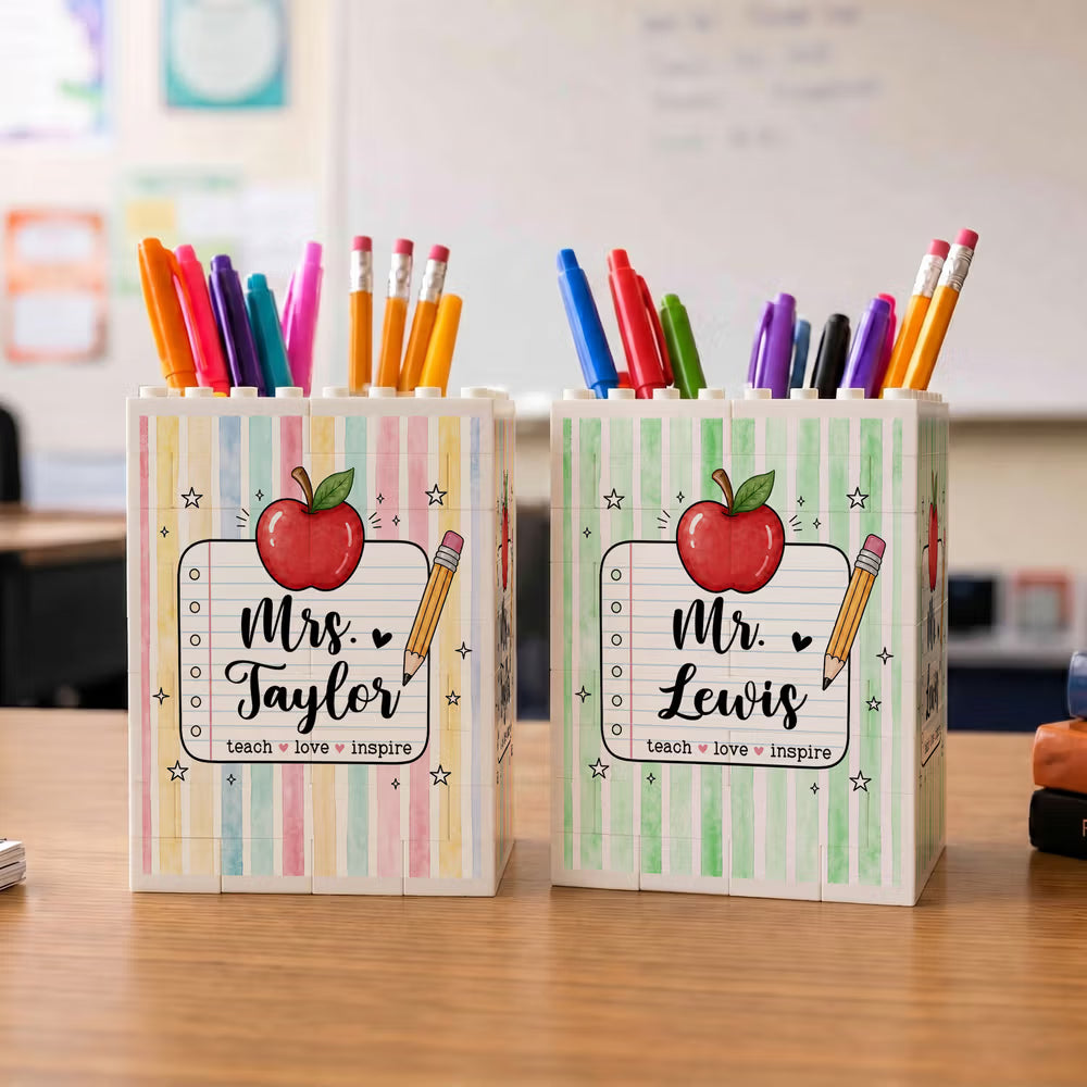 Personalised Teach Love Inspire Large Capacity Building Blocks Brick Pencil Holder with Appellation and Name Teacher’s Day Gift for Teacher